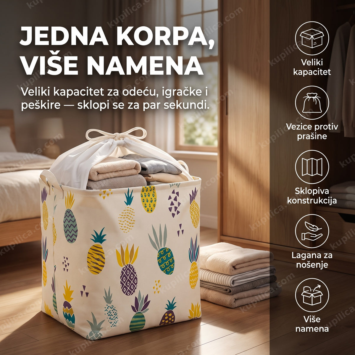 sklopiva korpa za veš sa printom u spavaćoj sobi pored ormana, benefiti proizvoda