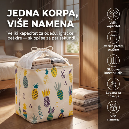 sklopiva korpa za veš sa printom u spavaćoj sobi pored ormana, benefiti proizvoda