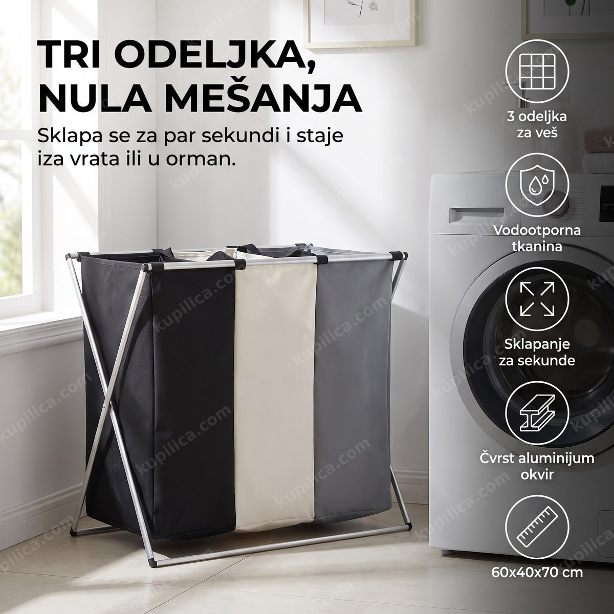 sklopiva korpa za veš sa pregradama — tri odeljka pored veš mašine