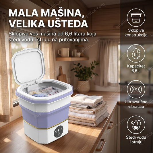 sklopiva mini veš mašina na stolu u malom stanu, benefiti proizvoda