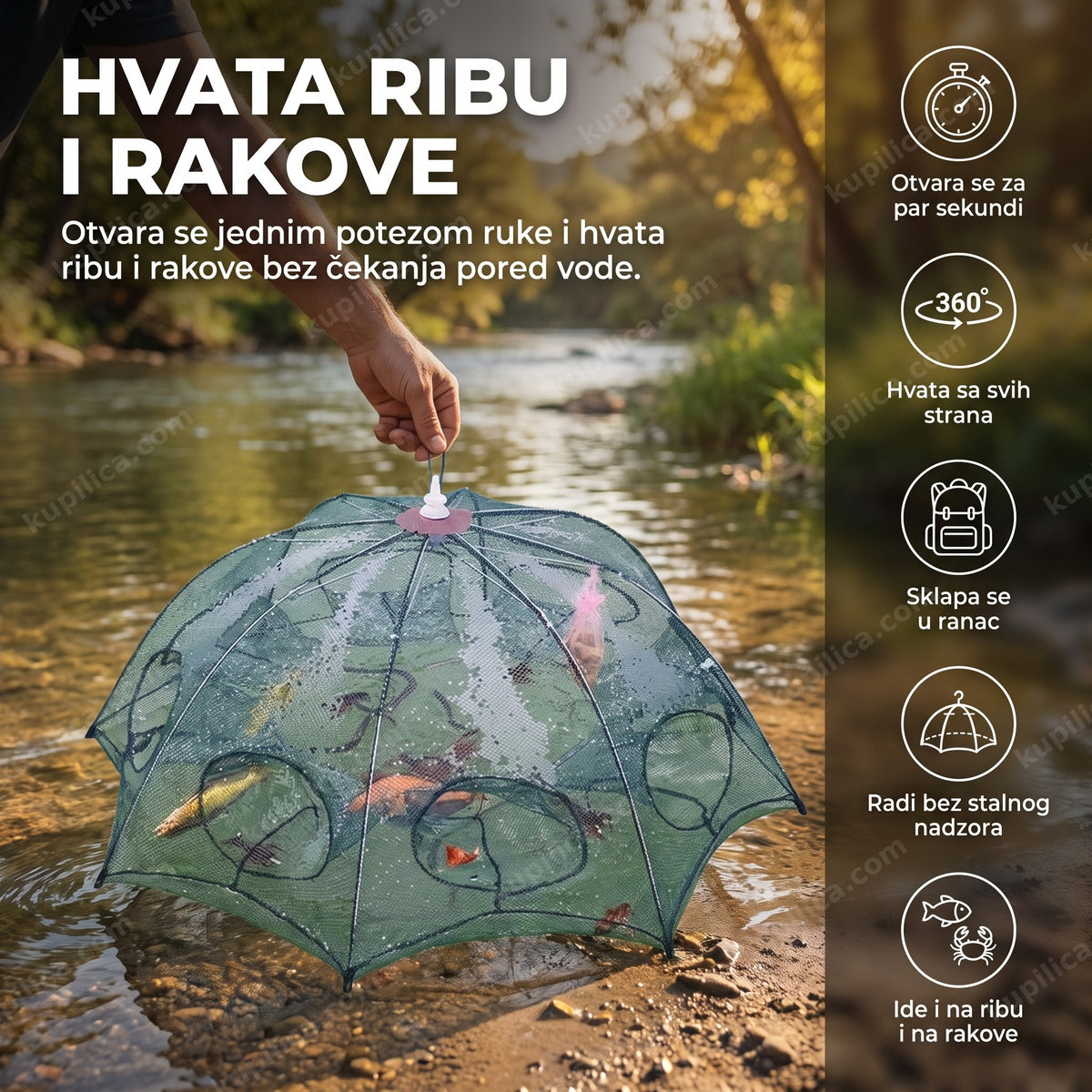 sklopiva mreža za ribolov na obali reke sa ulovljenom ribom, benefiti proizvoda