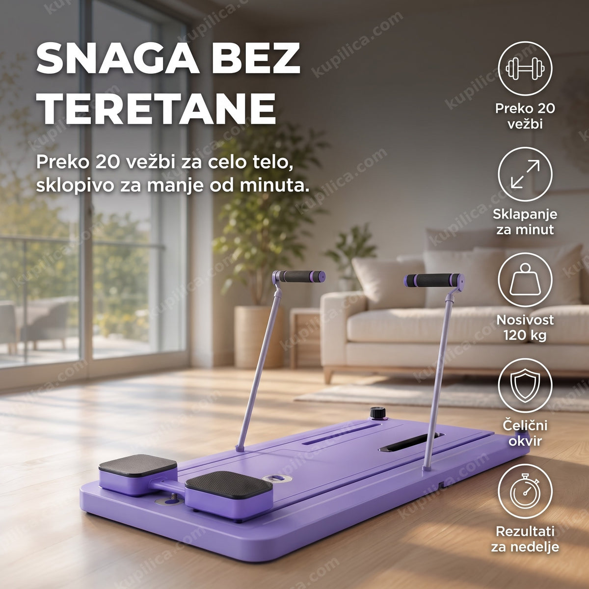 sklopiva pilates sprava za vežbanje — FitPower sprava u dnevnoj sobi