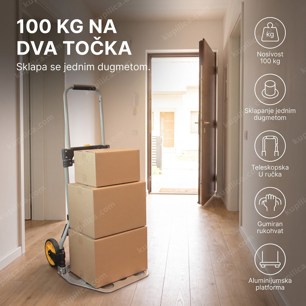 sklopiva ručna kolica 100 kg sa kutijama u hodniku stana