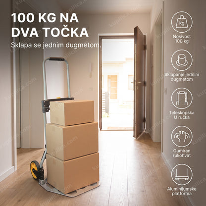 sklopiva ručna kolica 100 kg sa kutijama u hodniku stana