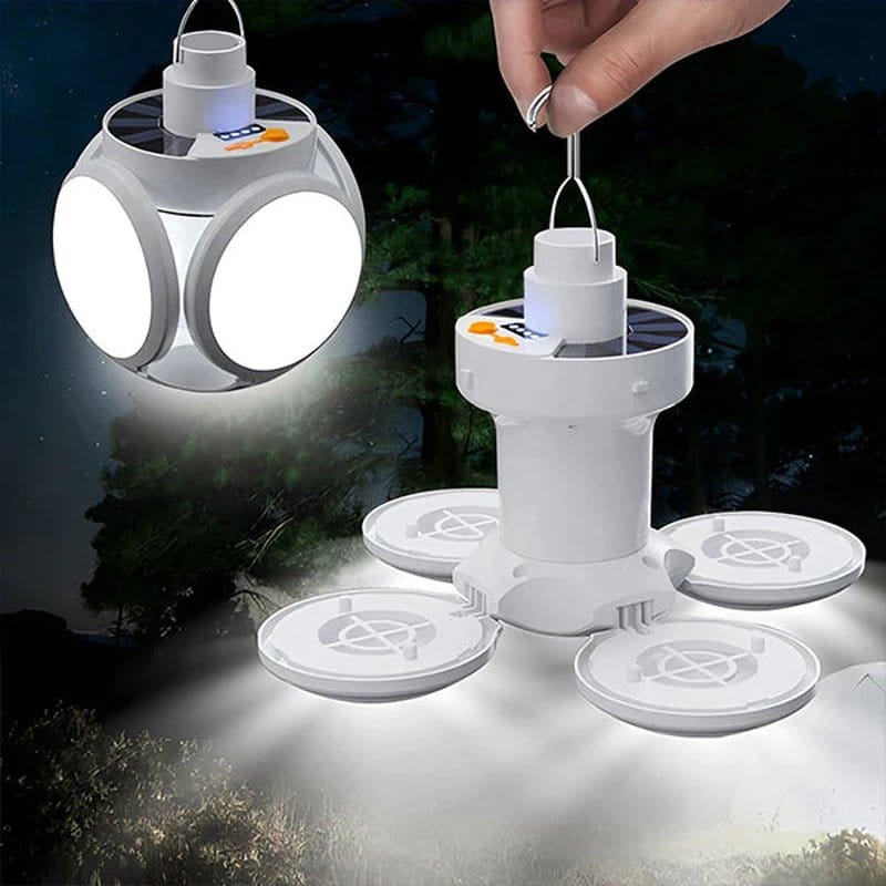 sklopiva solarna lampa za kampovanje sa šest raširenih LED panela i kukom u ruci