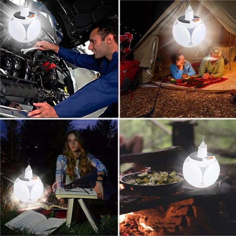 sklopiva solarna lampa za kampovanje osvetljava majstora ispod haube automobila i unutrašnjost šatora
