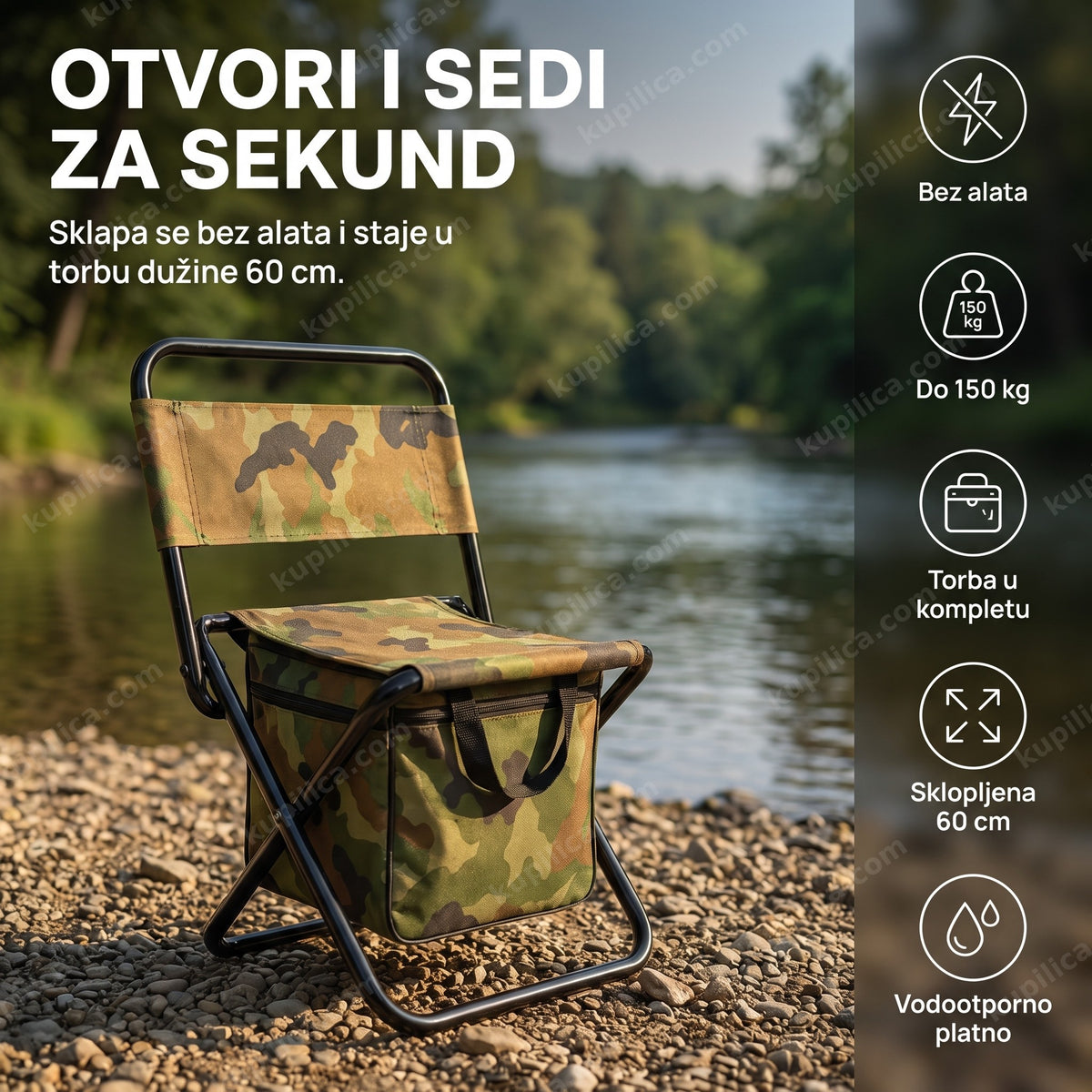 sklopiva stolica sa torbom na obali reke, kamuflažni dezen
