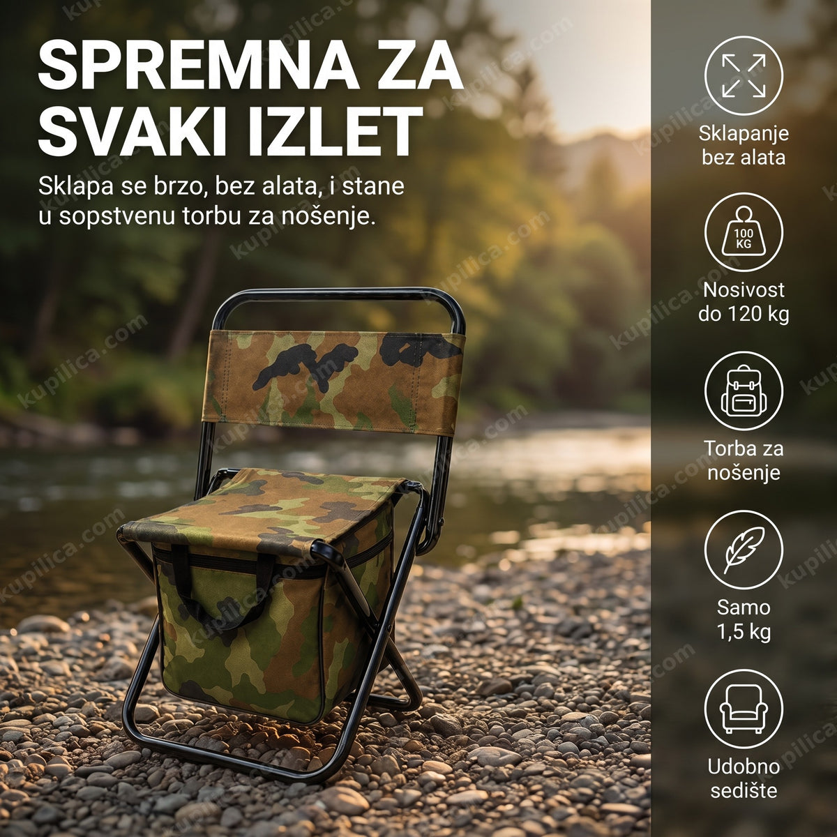 sklopiva stolica za pecanje sa torbom — maskirna stolica sa integrisanom torbom pored reke