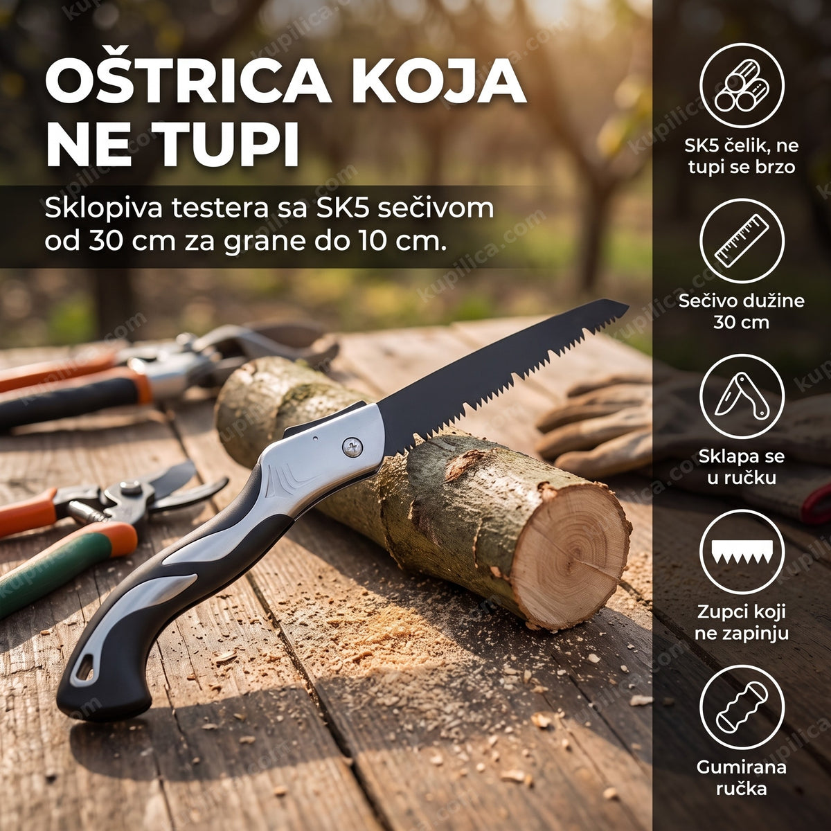 sklopiva testera za grane sa SK5 sečivom na drvenom radnom stolu, benefiti proizvoda