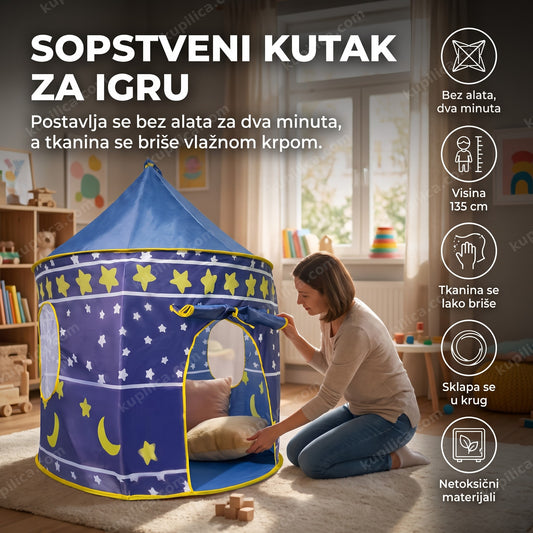 sklopivi dečiji šator za igru 135 cm — roditelj postavlja šator u dečijoj sobi, bez alata za dva minuta