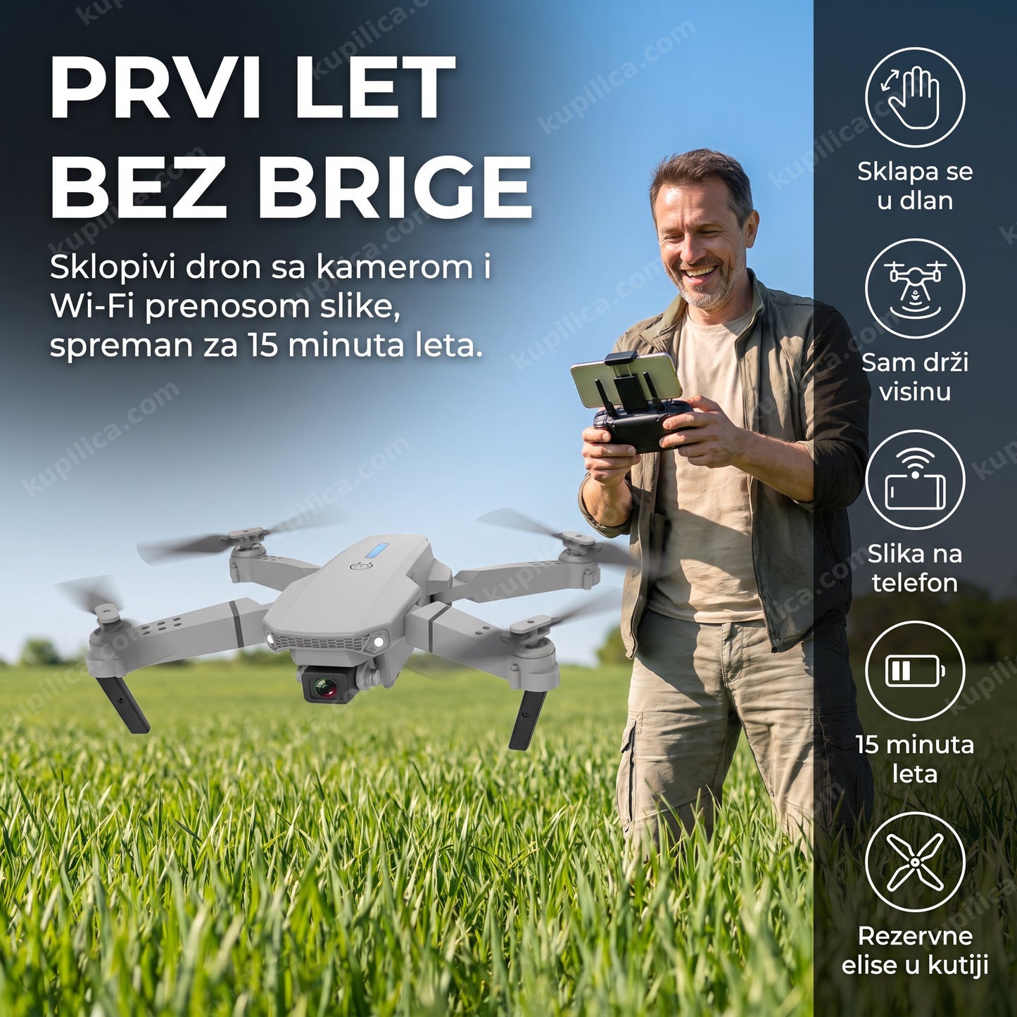 sklopivi dron sa kamerom — muškarac leti dronom na livadi, benefiti proizvoda