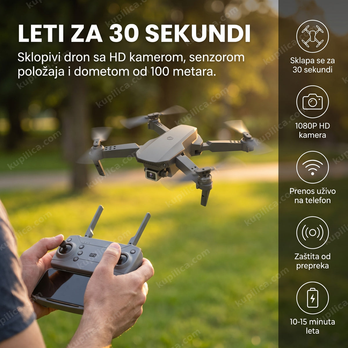 sklopivi dron sa HD kamerom V88 Pro leti u parku, prikaz benefiti proizvoda