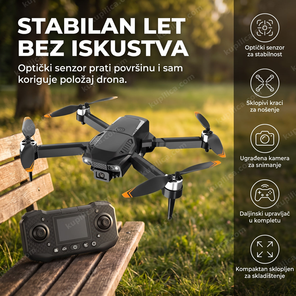 sklopivi dron sa kamerom i optičkim senzorom na travi u parku