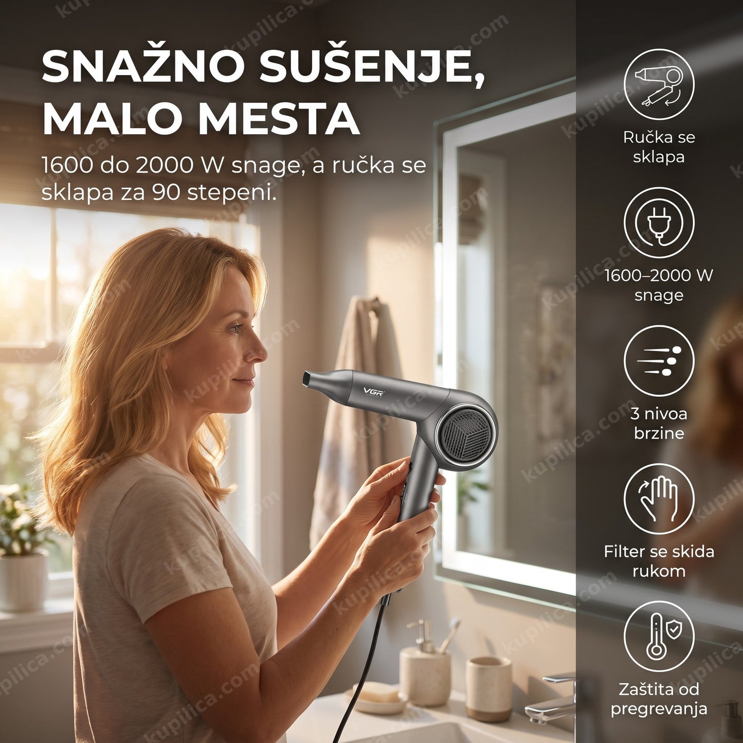 sklopivi fen za kosu VGR V-420 2000 W — žena suši kosu fenom sa sklopivom ručkom u kupatilu