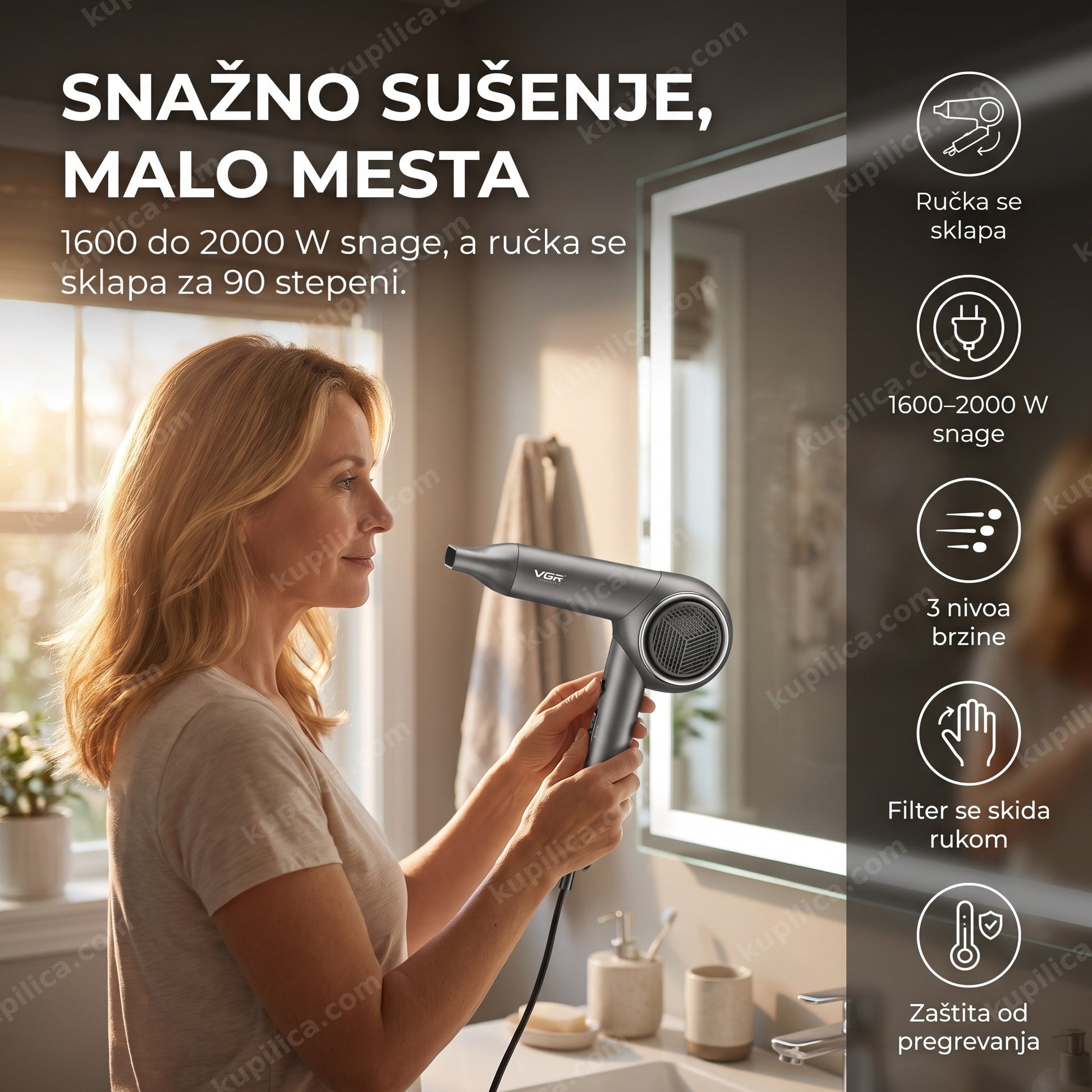 sklopivi fen za kosu VGR V-420 2000 W — žena suši kosu fenom sa sklopivom ručkom u kupatilu