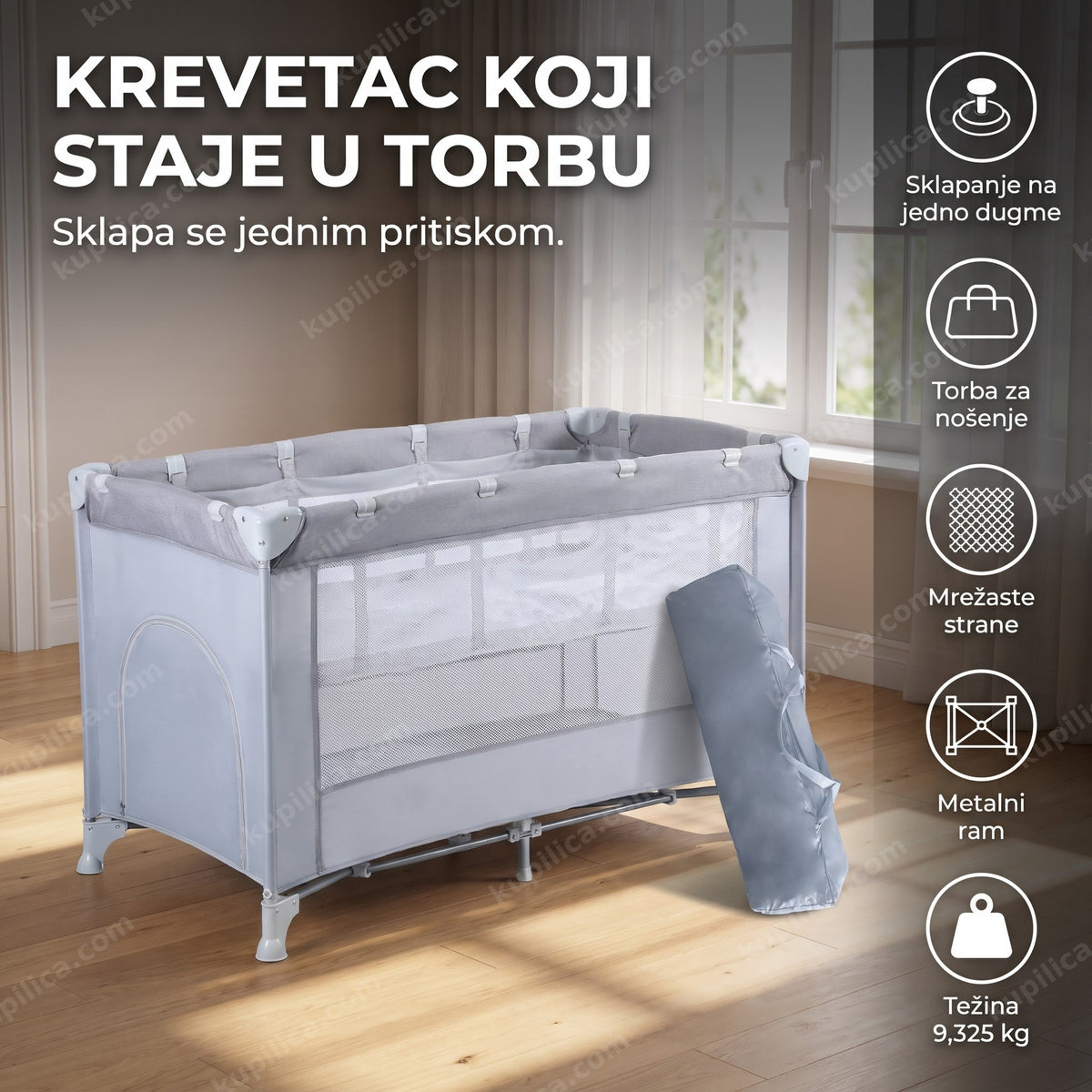 sklopivi krevetac za bebe sa torbom za nošenje u svetloj sobi