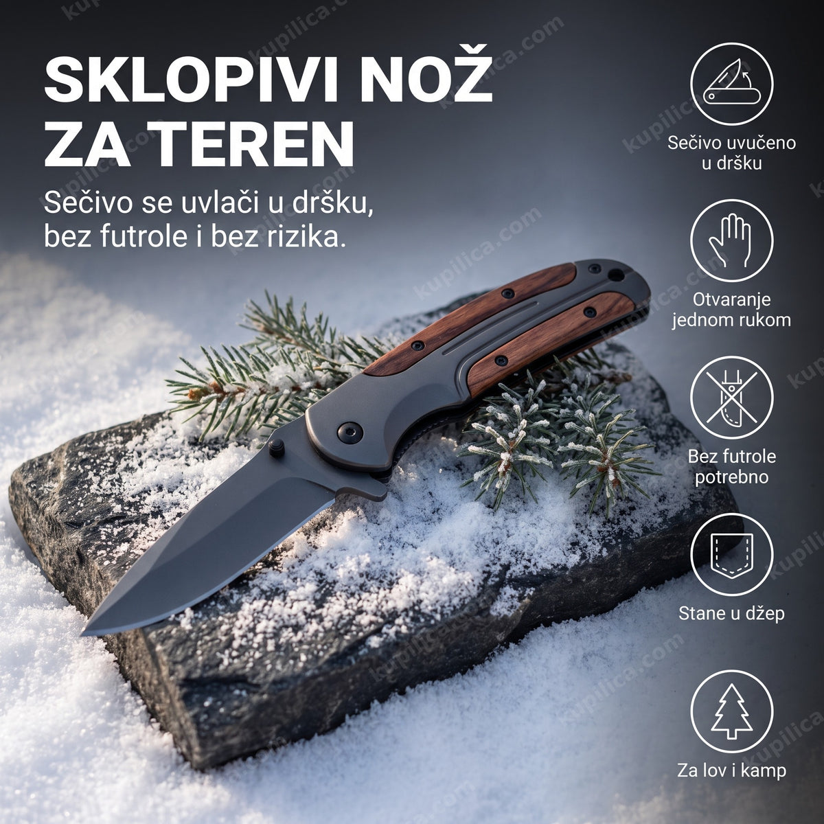 sklopivi lovački nož sa drvenom drškom na zasneženom kamenu