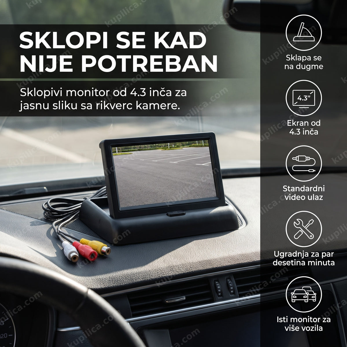 Sklopivi monitor na tabli auta prikazuje prazan parking, benefiti proizvoda