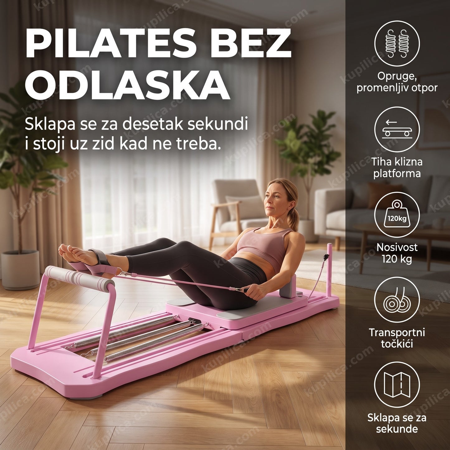 sklopivi pilates reformer — žena vežba na kliznoj platformi kod kuće, opruge i transportni točkići