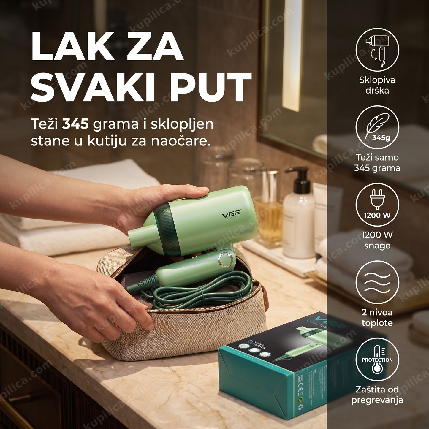 sklopivi putni fen VGR V-421 za kosu i bradu — pakovanje sklopljenog fena od 345 grama u putnu torbu