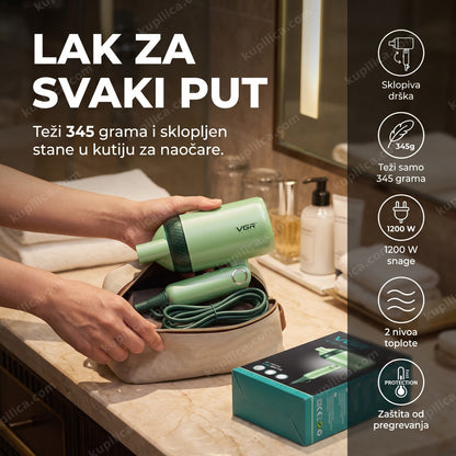 sklopivi putni fen VGR V-421 za kosu i bradu — pakovanje sklopljenog fena od 345 grama u putnu torbu