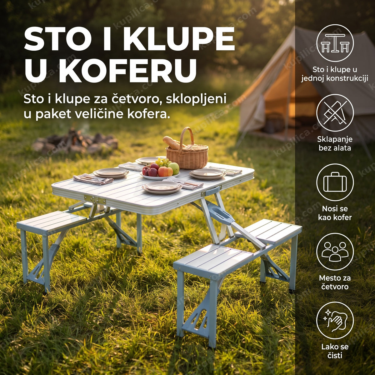 sklopivi sto i klupa 2u1 rasklopljeni na livadi za piknik, benefiti proizvoda
