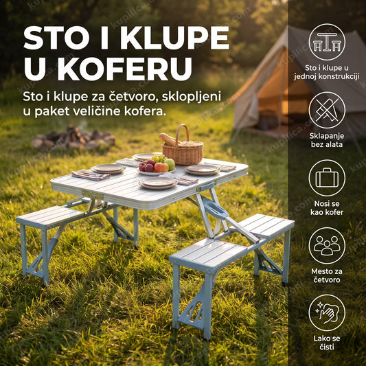 sklopivi sto i klupa 2u1 rasklopljeni na livadi za piknik, benefiti proizvoda