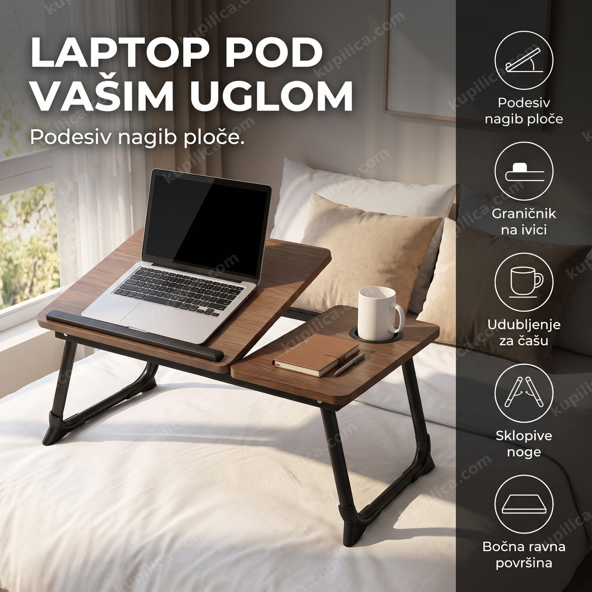 sklopivi sto za laptop sa držačem za čašu na krevetu sa jastucima