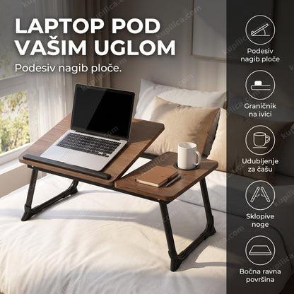 sklopivi sto za laptop sa držačem za čašu na krevetu sa jastucima