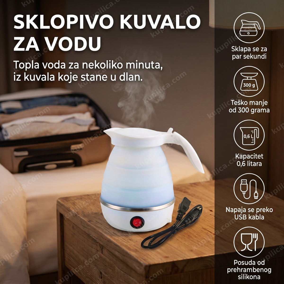 belo sklopivo kuvalo za vodu na putovanju u hotelskoj sobi, benefiti proizvoda