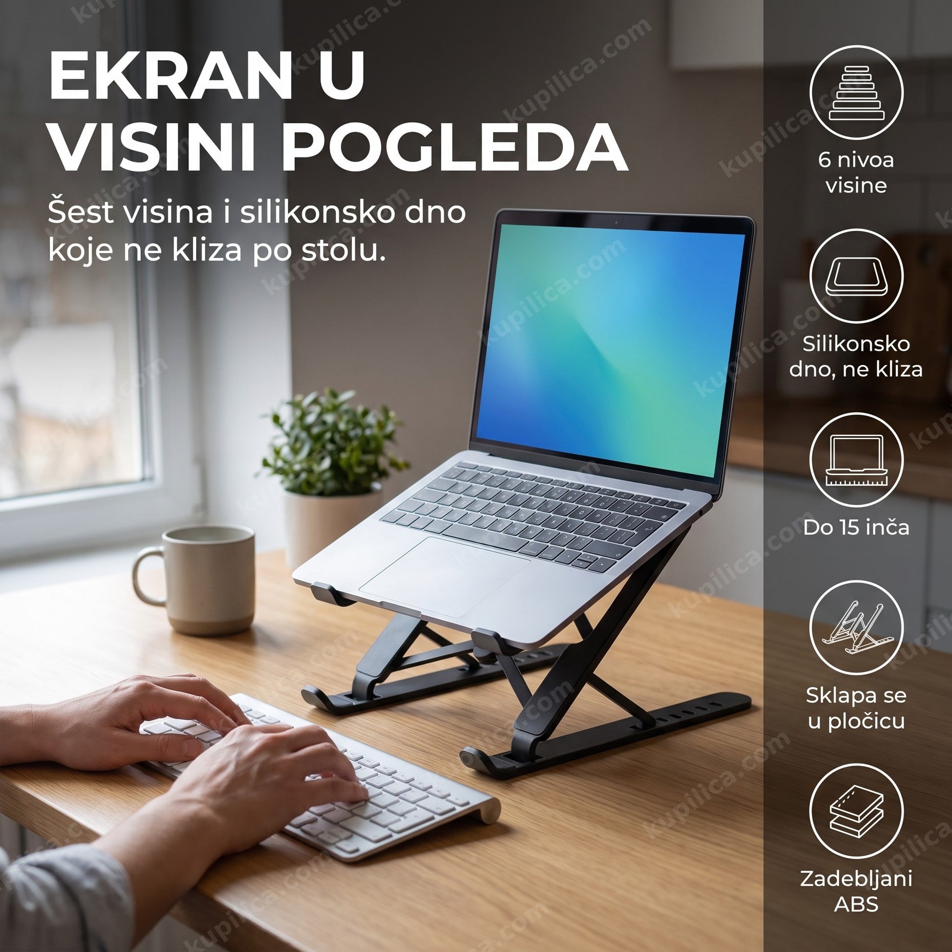 sklopivo postolje za laptop i tablet P1 — rad od kuće za kuhinjskim stolom, ekran podignut na 6 nivoa