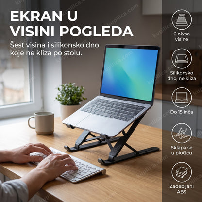 sklopivo postolje za laptop i tablet P1 — rad od kuće za kuhinjskim stolom, ekran podignut na 6 nivoa