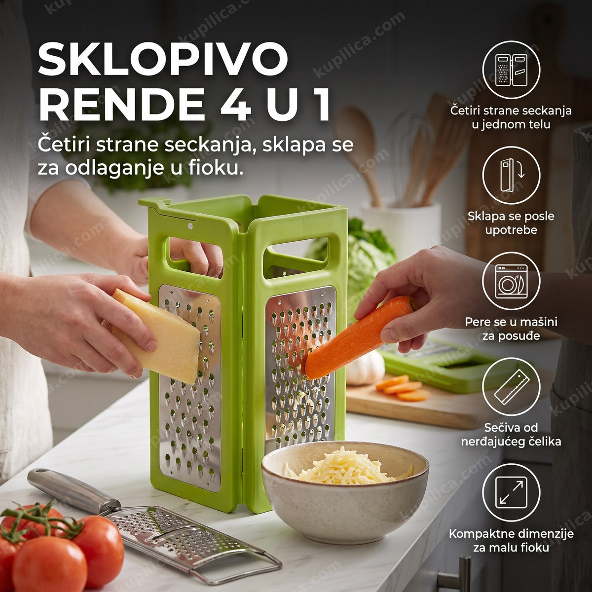zeleno sklopivo rende za sir i povrće u kuhinji, benefiti proizvoda