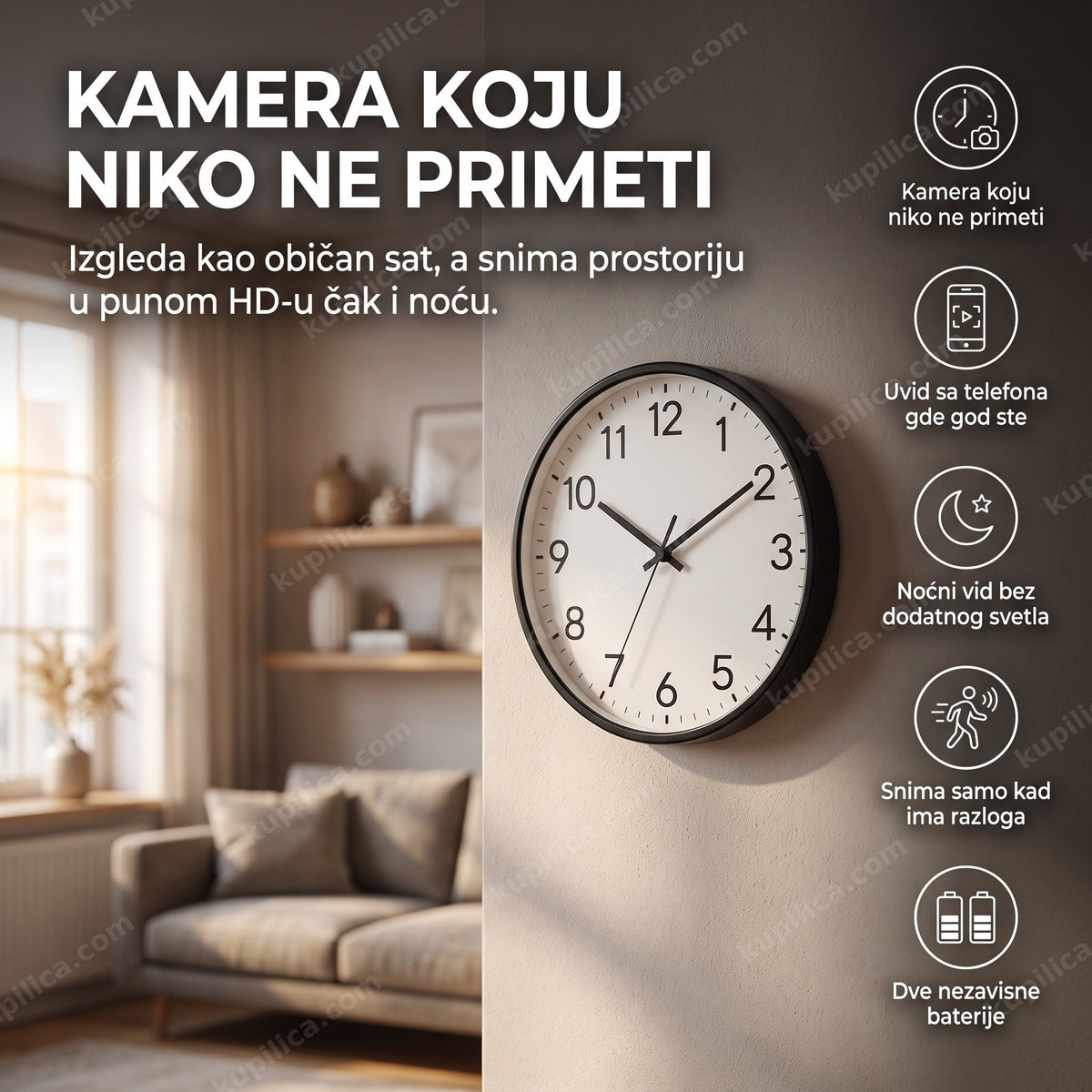 skrivena wifi kamera u satu na zidu dnevne sobe, benefiti proizvoda