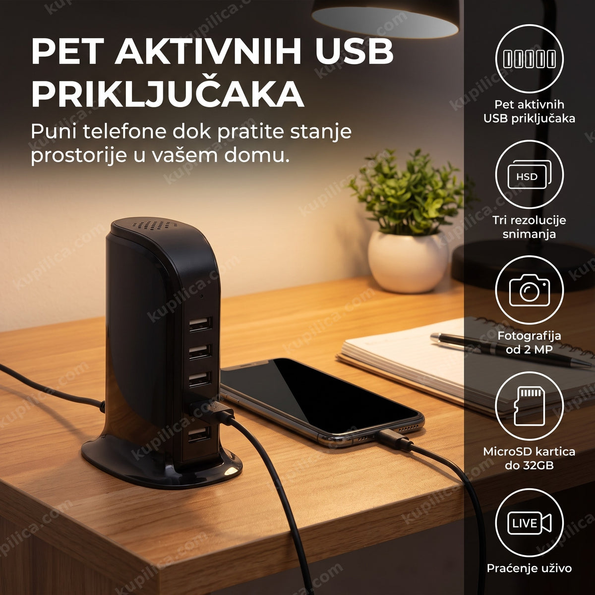 Skrivena kamera u USB stanici puni telefon na radnom stolu, benefiti proizvoda