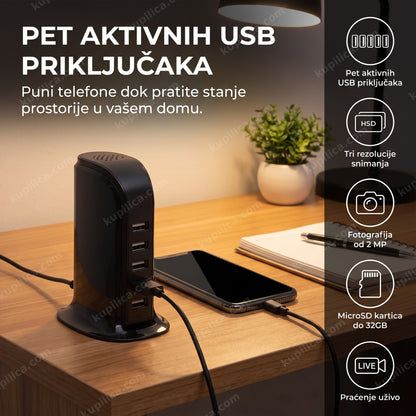 Skrivena kamera u USB stanici puni telefon na radnom stolu, benefiti proizvoda