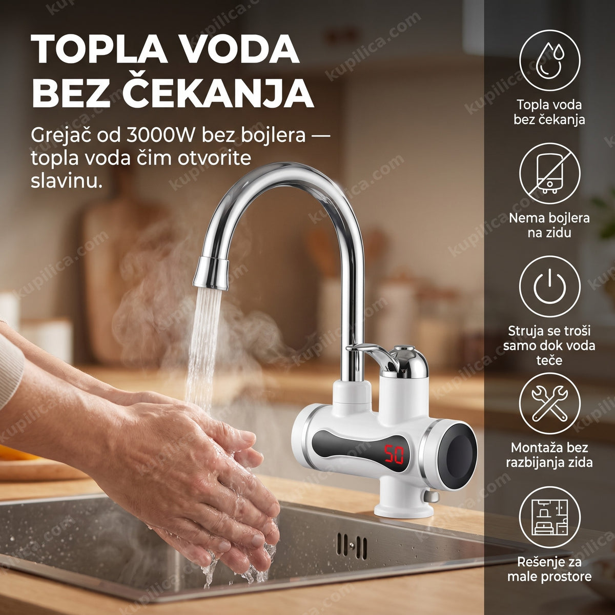 slavina sa grejačem bez bojlera na sudoperi sa toplom vodom i parom, benefiti proizvoda