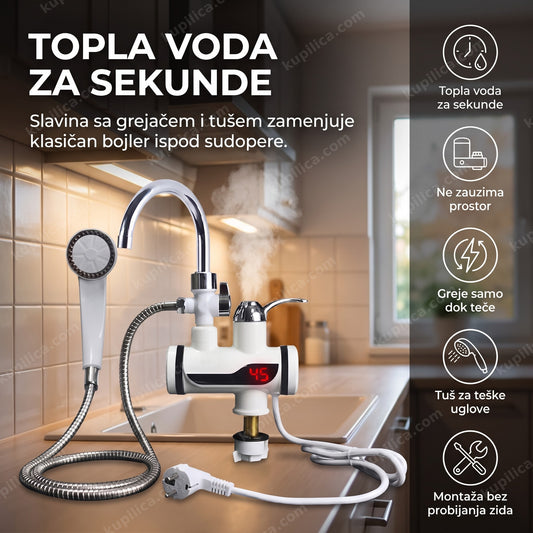 Slavina sa grejačem i tušem iznad sudopere sa parom i LED displejom temperature
