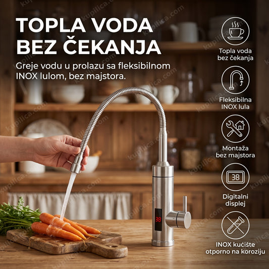 inox slavina sa grejačem i fleksibilnim crevom za pranje povrća u rustik kuhinji, benefiti proizvoda