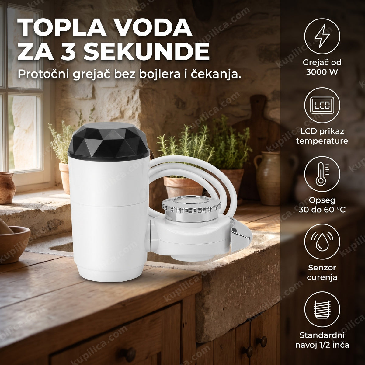 slavina sa protočnim grejačem RX-013 i LCD displejem na kuhinjskoj sudoperi