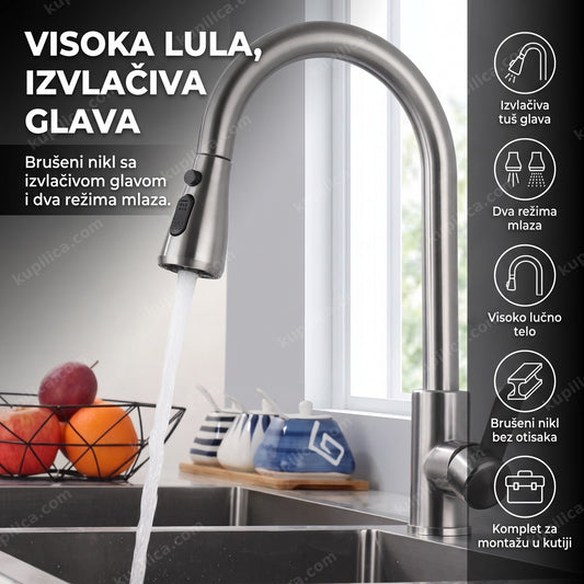 brušena nikl slavina za sudoperu sa izvučenom tuš glavom iznad lavaboa