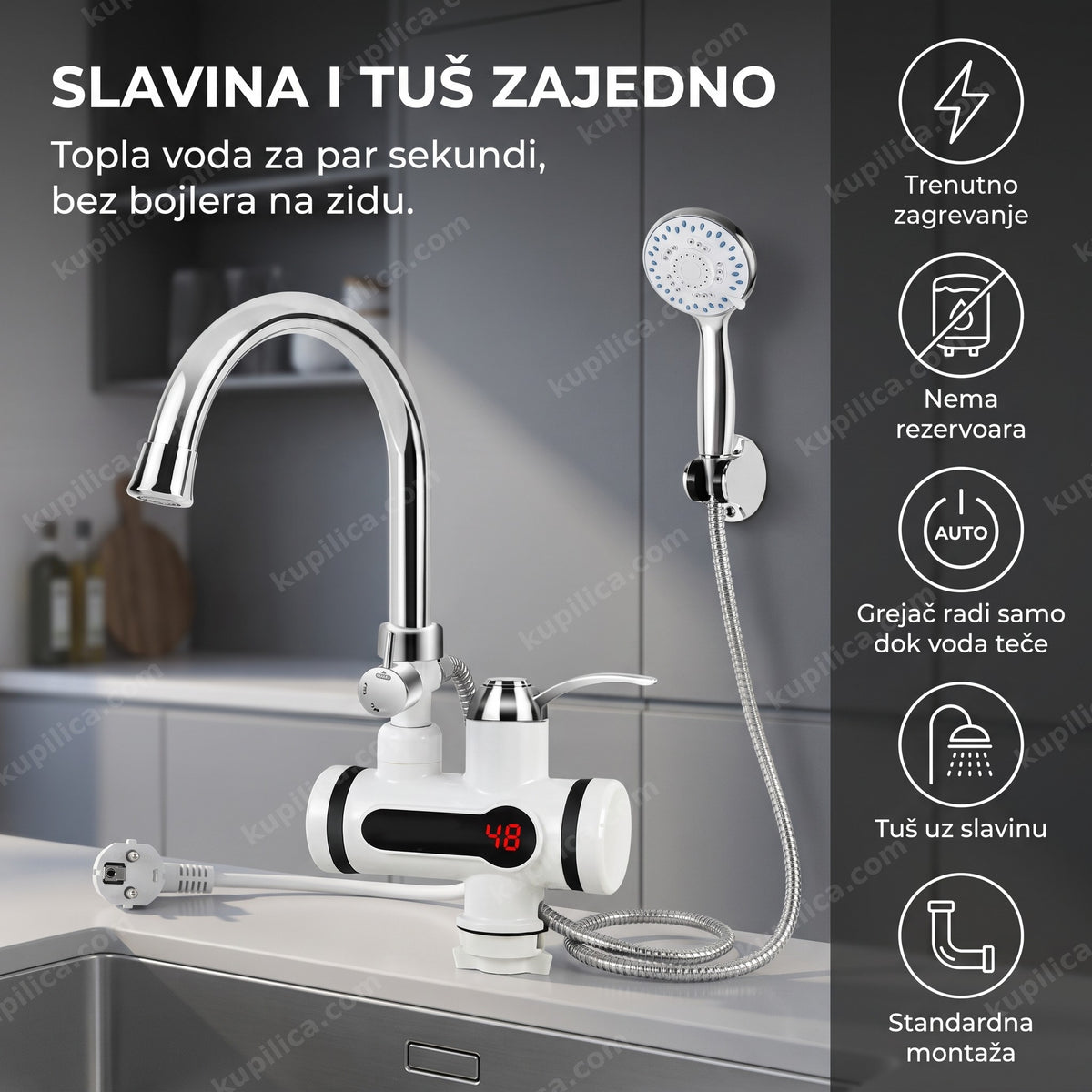 slavina za sudoperu sa tušem u sivoj modernoj kuhinji, benefiti proizvoda