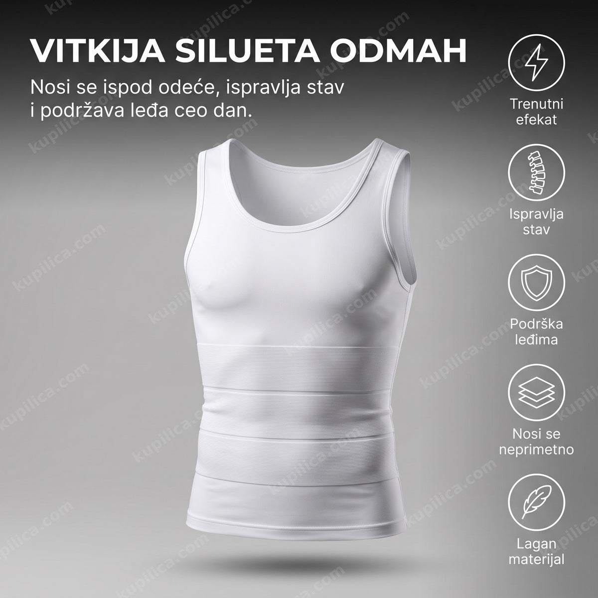 slim n lift steznik za muškarce — bela kompresiona majica sa rebrastim pojasom