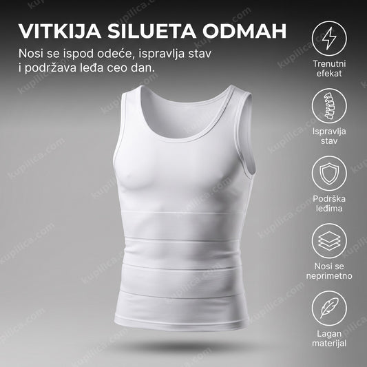 slim n lift steznik za muškarce — bela kompresiona majica sa rebrastim pojasom