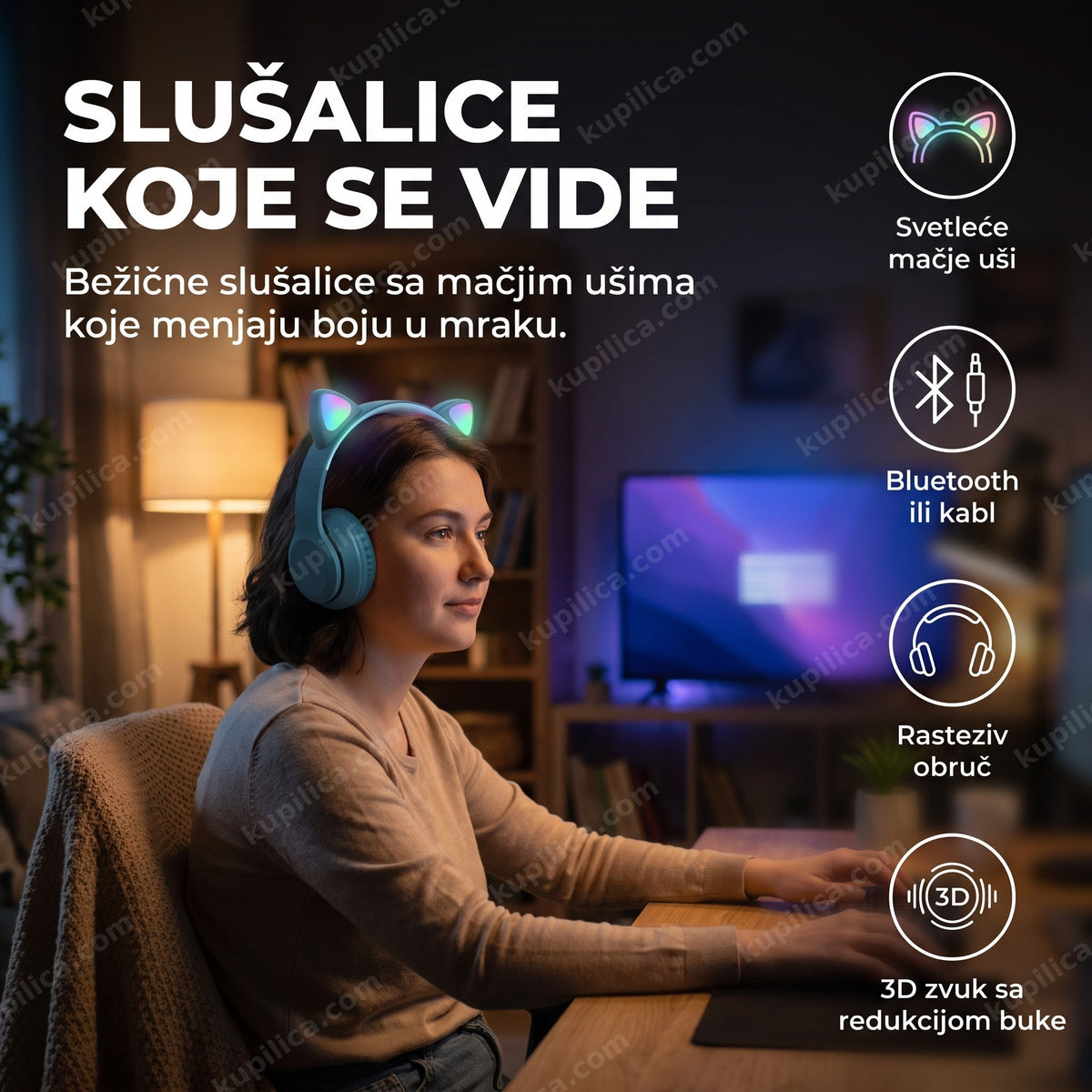 bežične slušalice sa svetlećim mačjim ušima na odrasloj osobi, benefiti proizvoda