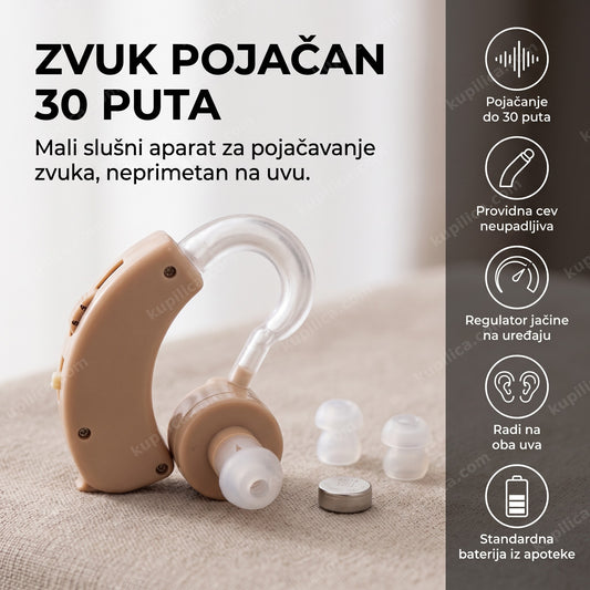 bež slušni aparat za pojačavanje zvuka sa providnom cevi i baterijom