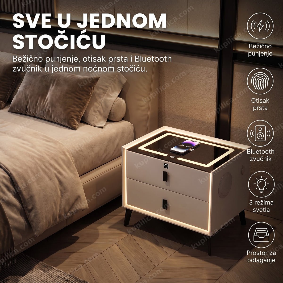smart noćni stočić — bežično punjenje telefona pored kreveta, benefiti proizvoda