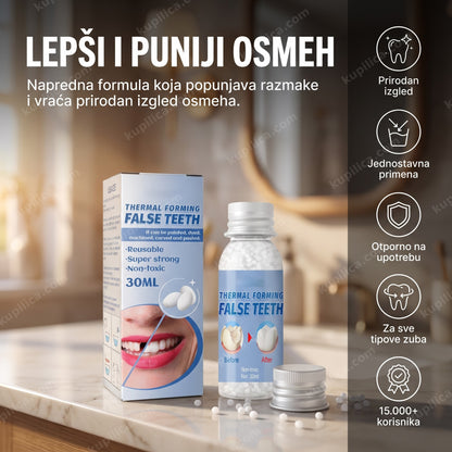 false teeth smesa za popunjavanje razmaka između zuba sa bočicom proizvoda, benefiti proizvoda