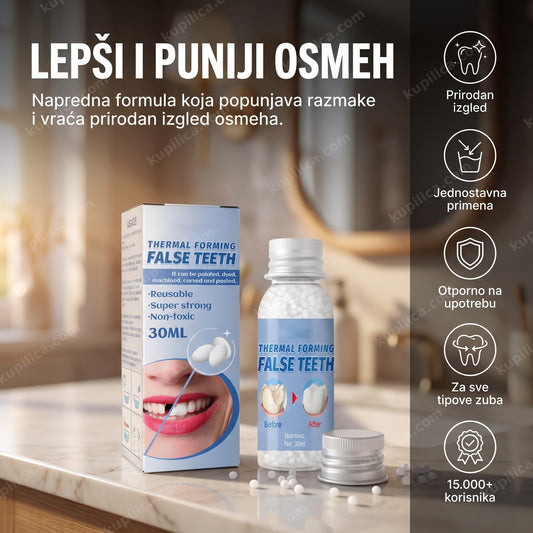 false teeth smesa za popunjavanje razmaka između zuba sa bočicom proizvoda, benefiti proizvoda