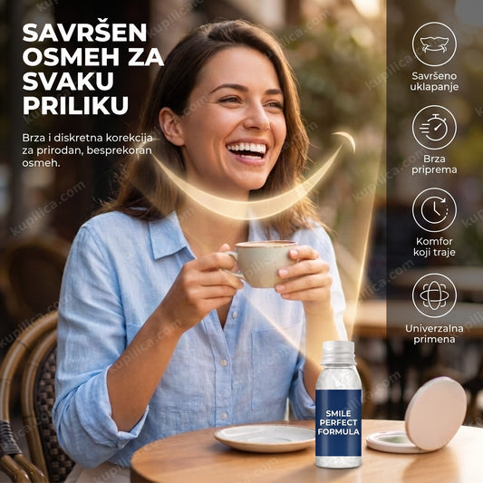 smile perfect formula pakovanje na stolu dok se žena osmehuje, benefiti proizvoda